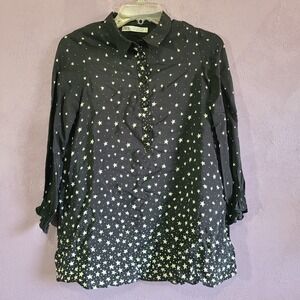 Zara Star Print 3/4 Sleeve Pulkover Button Down Lined Blouse Shirt Tunic Size 10